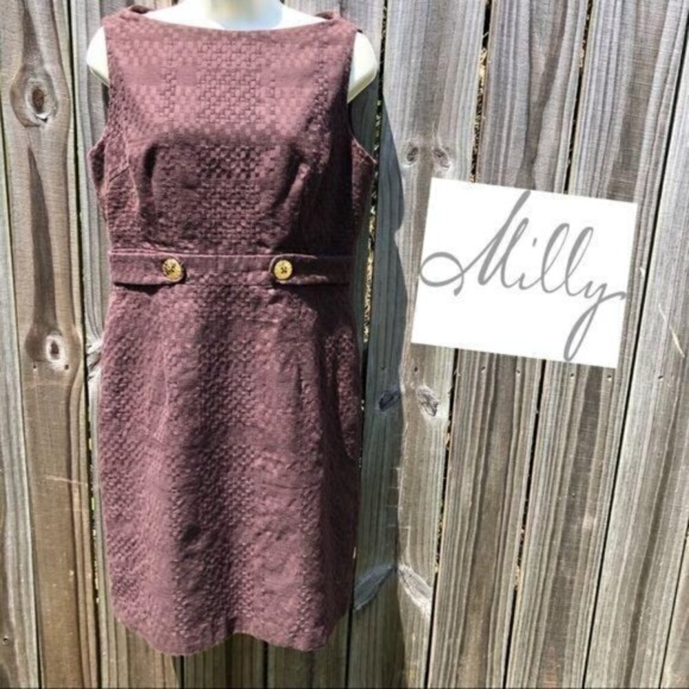 Milly New York 10 Cut Out Back Dress Medium Brown Sleevess Textured Button
